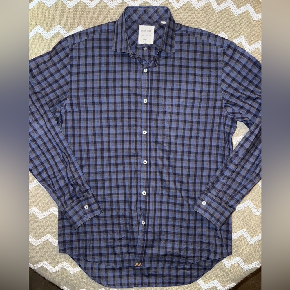Billy Reid Navy and Charcoal Plaid Men's button Shirt